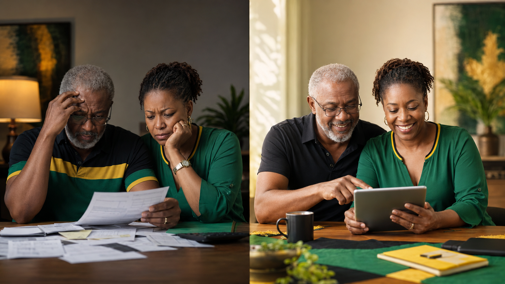 The same older Black couple shown before DUESMART feeling worried over confusing bills, and after learning with DUESMART smiling confidently while reviewing a financial plan on a tablet.